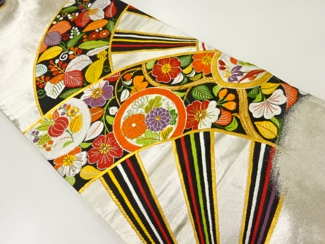 リサイクル　扇に花模様織出し袋帯